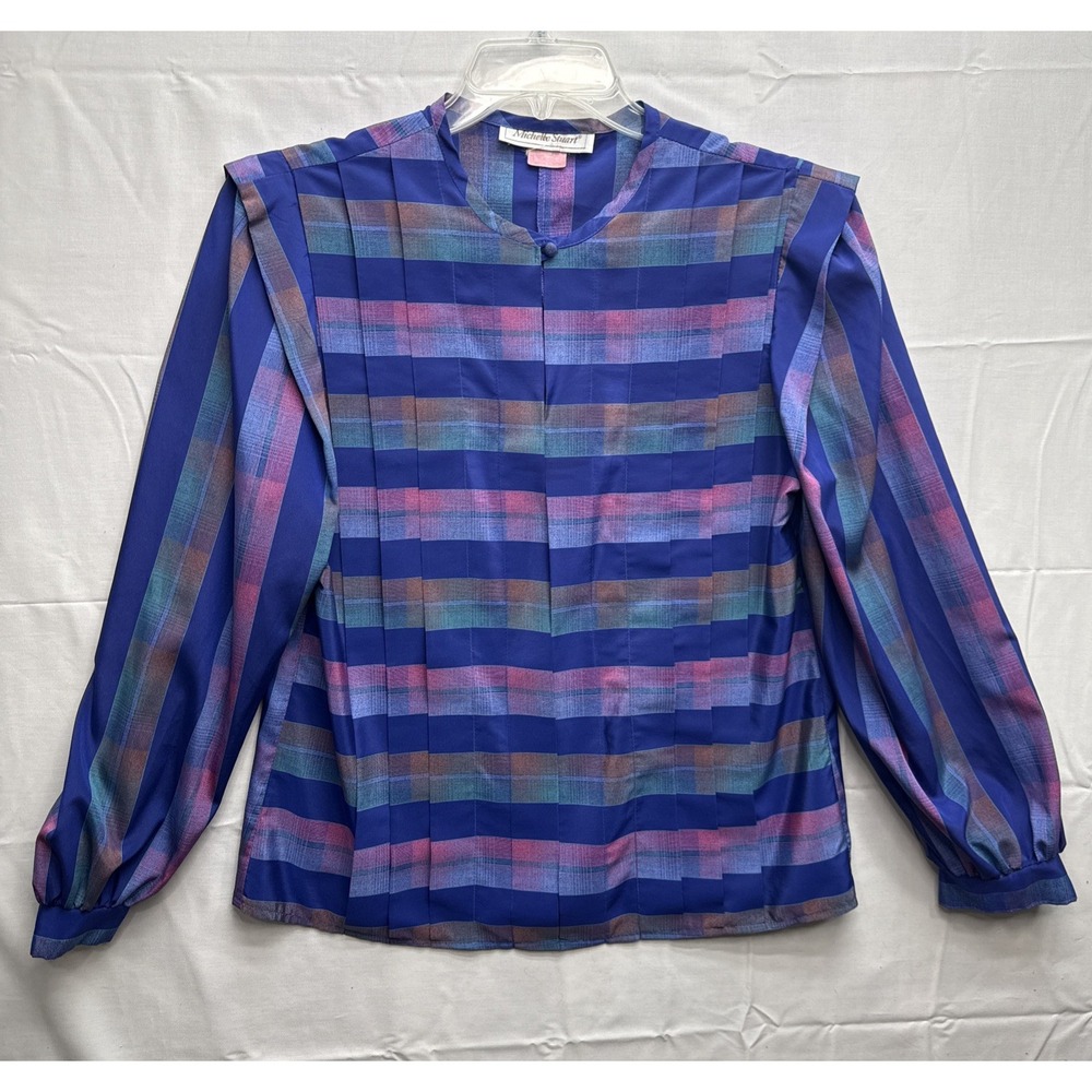 Vintage 80s Michelle Stuart Purple Plaid  Balloon Sleeve Pleated‎ Blouse Shirt M